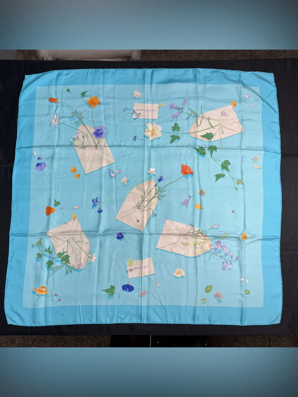 Hermes Silk Scarf Des Fleurs Pour Le Dire Blue Flowers White Love Letters - Picture 1 of 12